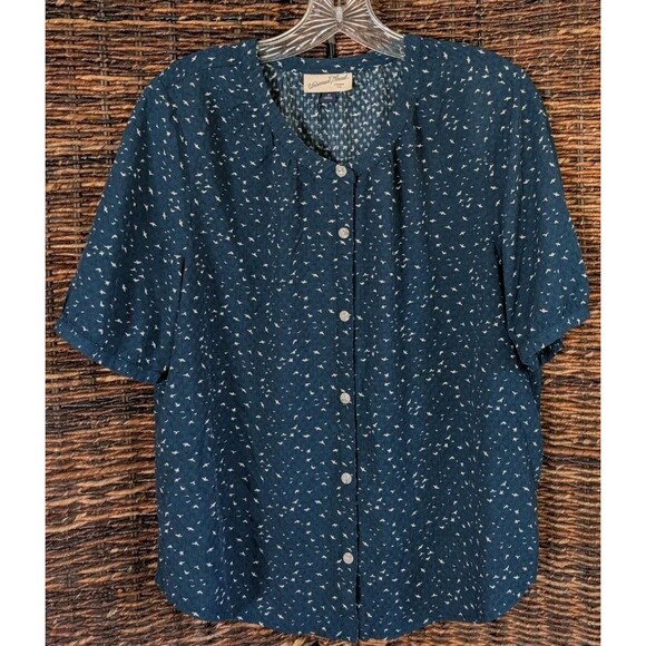 Universal Thread Bird Print Short Sleeve Button Up Blouse Top Womens Medium Boho - Picture 1 of 7